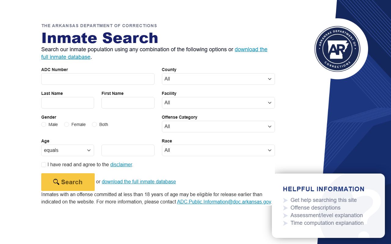 Arkansas DOC inmate search fields for Yell County inmate lookup